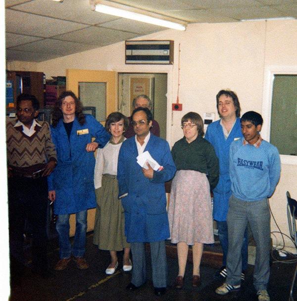 Ray Jagdao+John Mole+Marie+Soofi+Anne+Ian Nortonchild+Singh inside Harrow Workshop June 1984