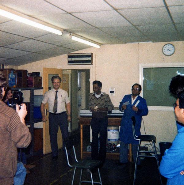Nigel Clift+Ray Jagdao+Soofi in Harrow Workshop June 1984