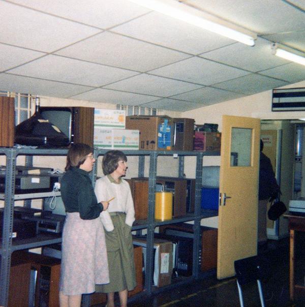 Anne and Marie inside Harrow Workshop June 1984