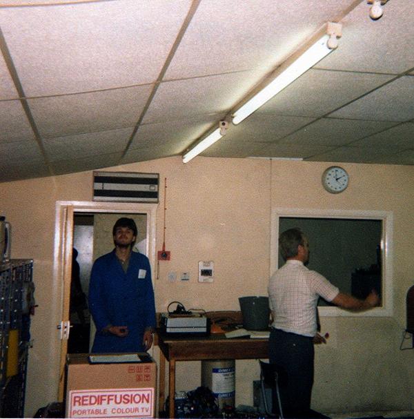 Paul Sayer and Nigel Clift inside Harrow workshop June 1984