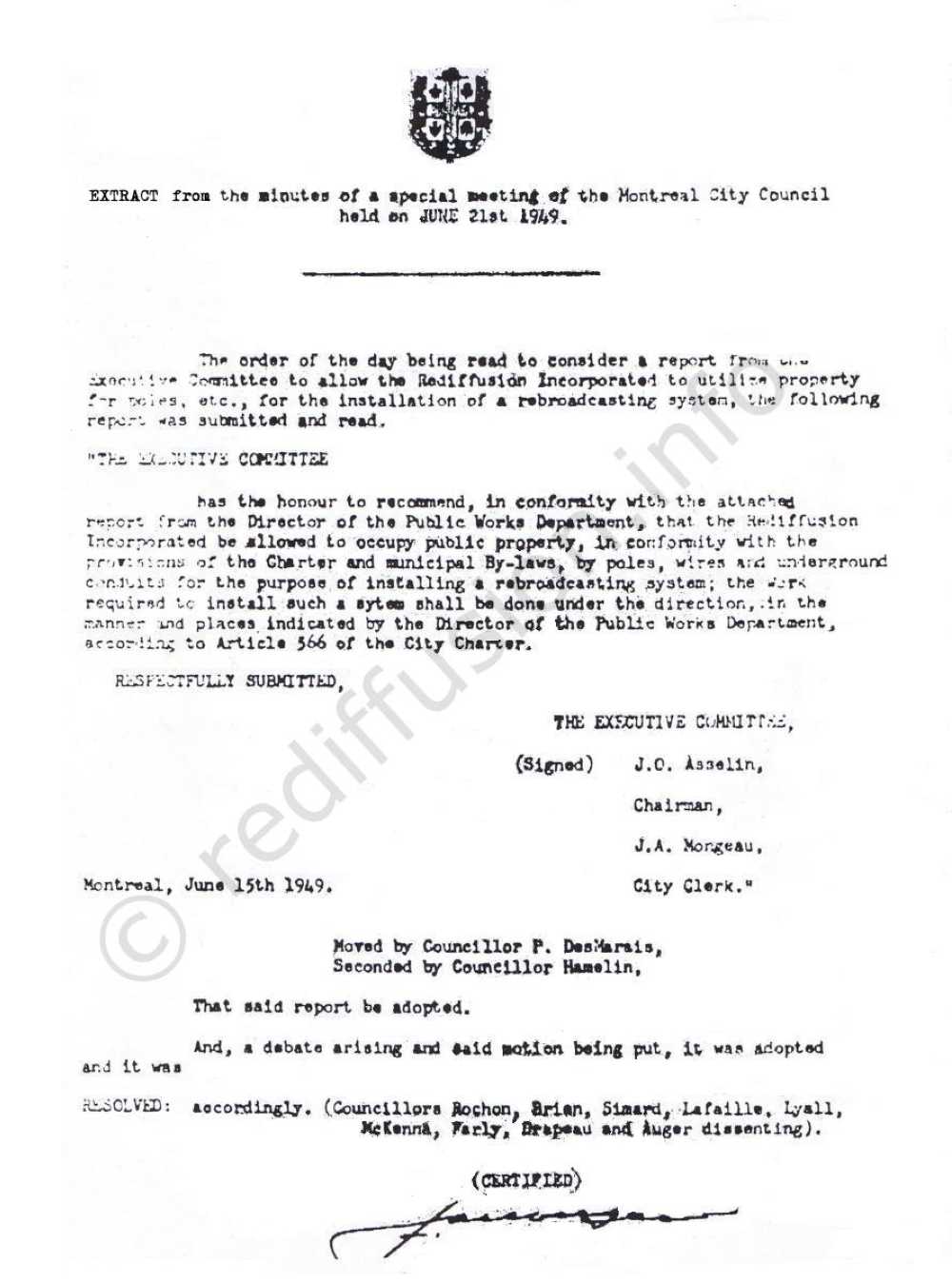 Minutes, meeting Montreal City Council 1949.